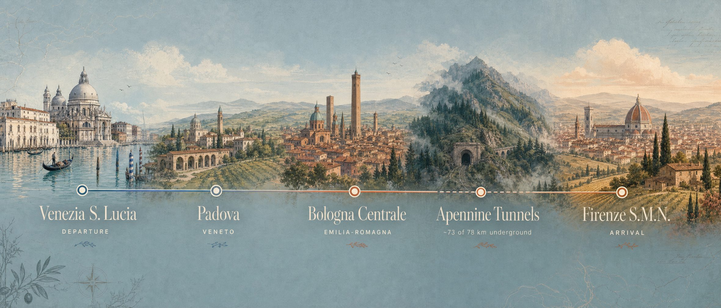 Illustrated route map: Venezia Santa Lucia (departure) to Padova, Veneto, to Bologna Centrale, Emilia-Romagna, through the Apennine tunnels (~73 of 78 km underground), to Firenze Santa Maria Novella (arrival)