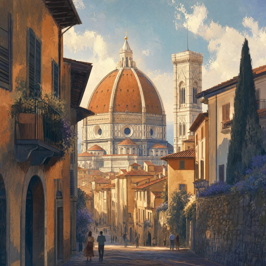 Florence's terracotta-domed Duomo and campanile, seen from a hillside street