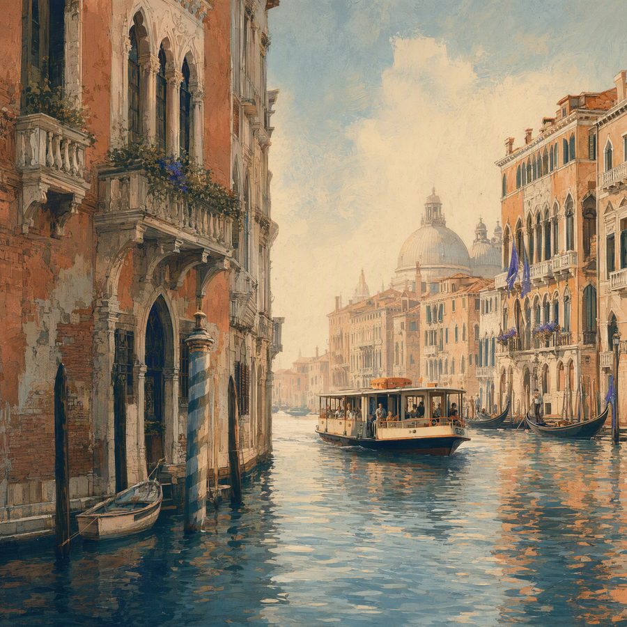 A vaporetto and gondolas on Venice's Grand Canal, lined with palazzo facades