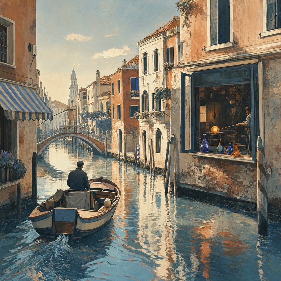 A glassblowing workshop seen from a Venetian canal, with a boat passing by