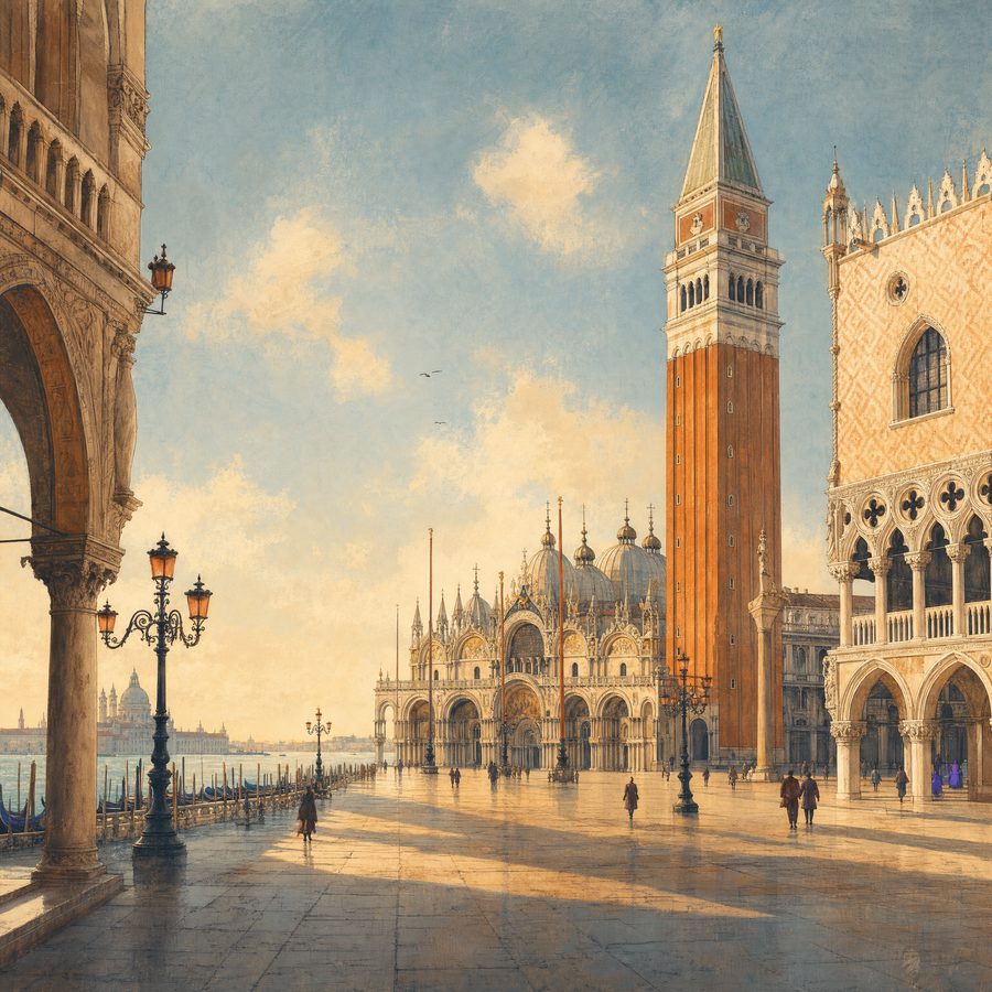 Piazza San Marco with St Mark's Basilica and the Campanile at sunrise