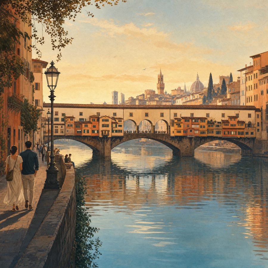 The Ponte Vecchio over the Arno at sunset, with a couple walking the riverside path