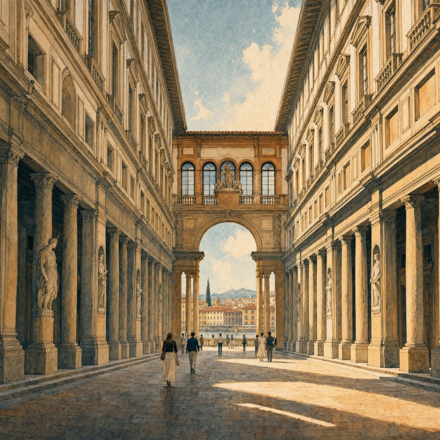 The Uffizi Gallery's colonnaded courtyard, framing a view of the Arno