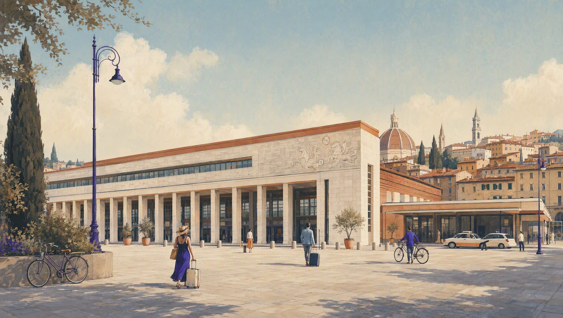 Firenze Santa Maria Novella station forecourt, with the Duomo visible in the distance