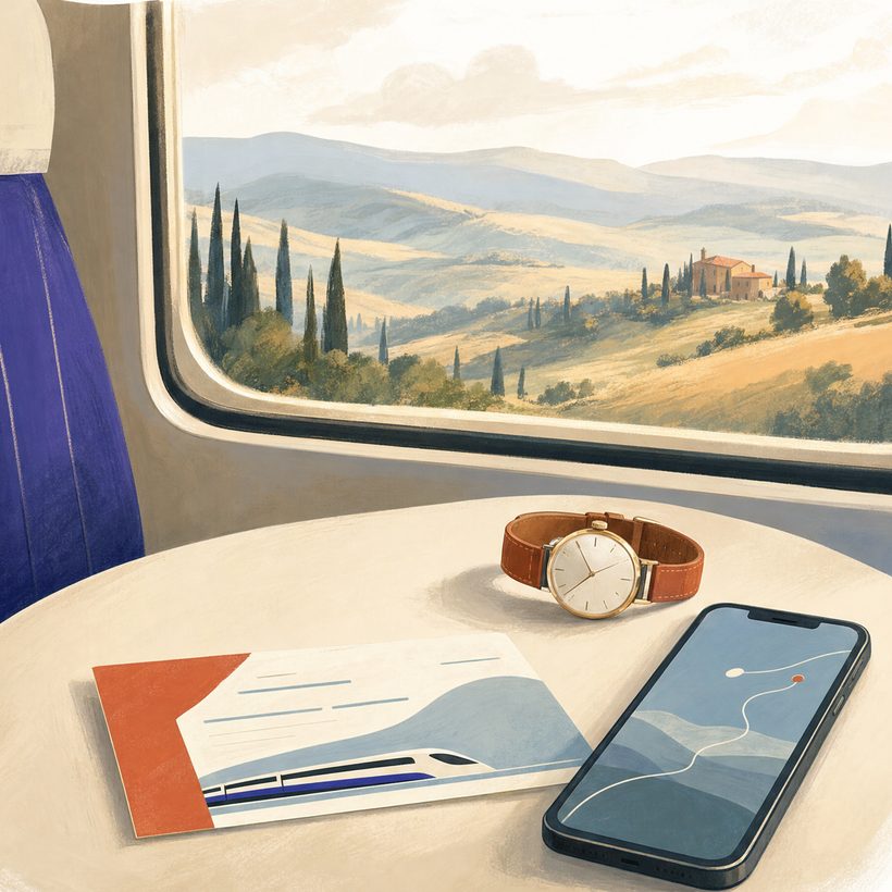 A watch, a printed ticket and a phone showing the route, laid out on a train table