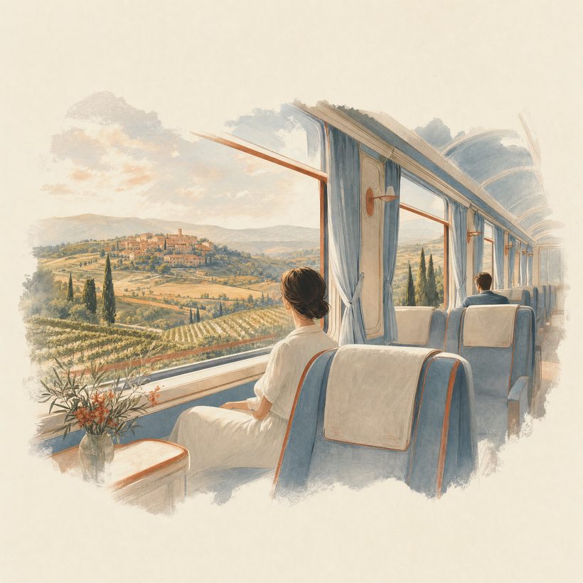 A near-empty train carriage with a passenger looking out at the Tuscan countryside