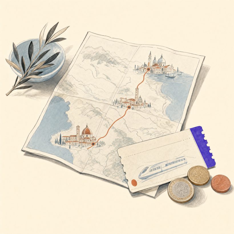 A folded map of the Venice to Florence route with a train ticket and coins