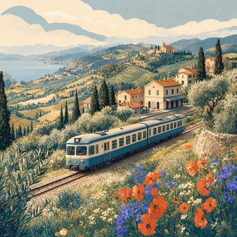 A regional train winding through Tuscan hills dotted with wildflowers